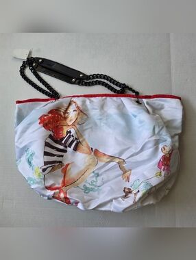 Printed Canvas Tote Bag with Red Trim and Black Chain Straps